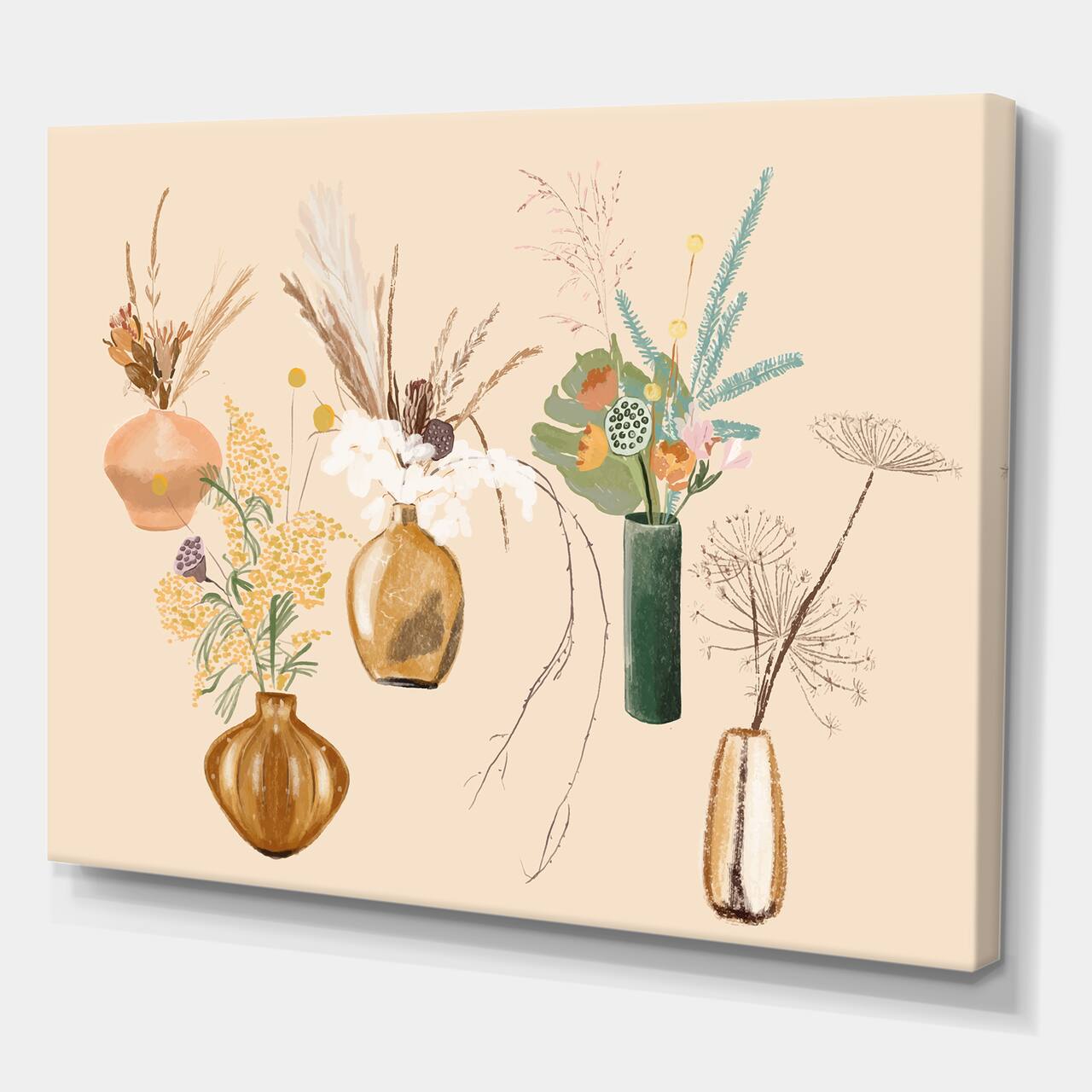 Designart - Bouquets Of Wildflowers In Gold Vases III - Traditional Canvas Wall Art Print